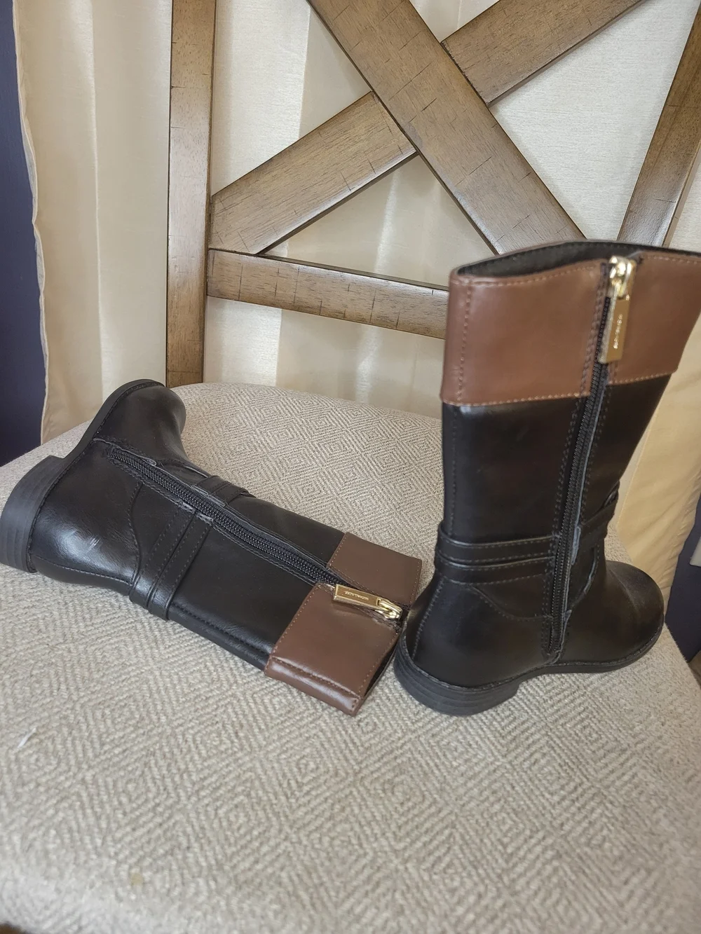 Michael Kors Black & Brown Mid-Calf Boots with Gold Logo Accent